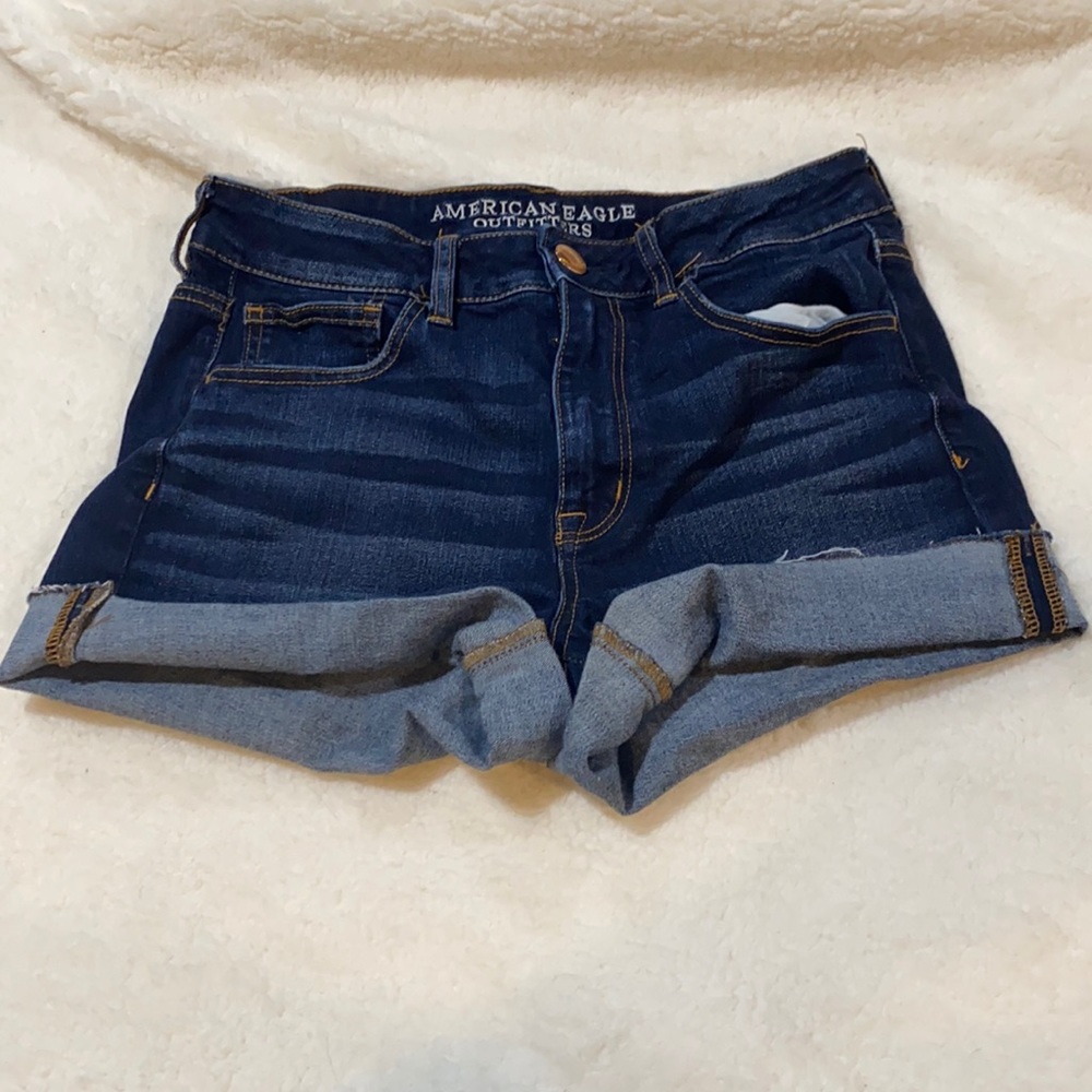American Eagle hi-rise “shortie” shorts. Dark wash/cuffed/super stretch. Size 10